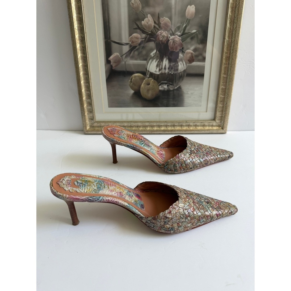 Mikaela Woven Leather Floral Pointed Toe Mules Multicolored Stiletto Heels - Picture 2 of 12